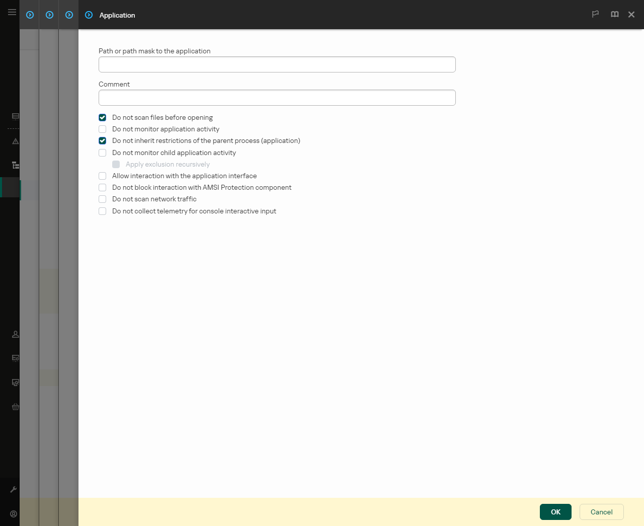 A window with a field for entering the path to the trusted application. Masks can be used.