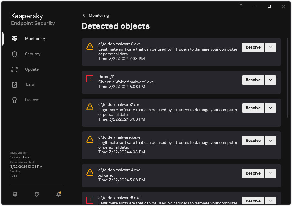 A window with the list of detected objects. Information about the object is displayed. The user can resolve or remove the object.