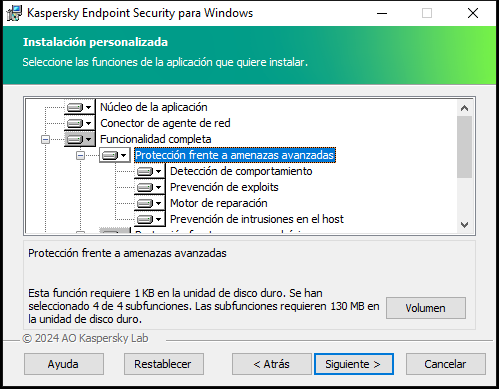Ventana del instalador con una lista de componentes que un usuario puede seleccionar.