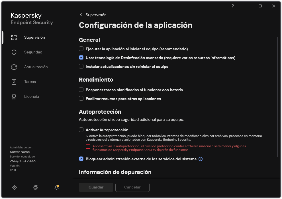 Ventana Configuración de la aplicación. El usuario puede configurar el rendimiento, la autodefensa y otros ajustes.