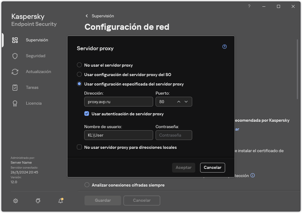 La ventana para configurar la conexión del servidor proxy. El usuario puede configurar la dirección del servidor proxy y las credenciales para conectarse al servidor proxy.