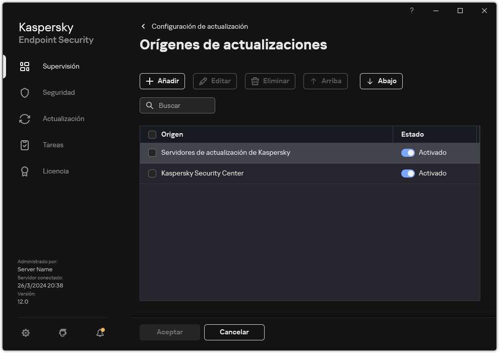 Una ventana con la lista de fuentes de actualización. El usuario puede agregar fuentes de actualización y asignar una prioridad a la fuente.