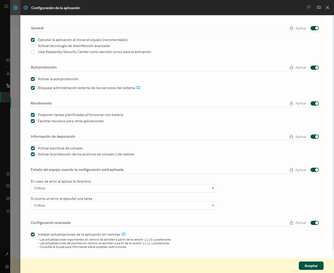 Ventana Configuración de la aplicación. El usuario puede configurar el rendimiento, la autodefensa y otros ajustes.