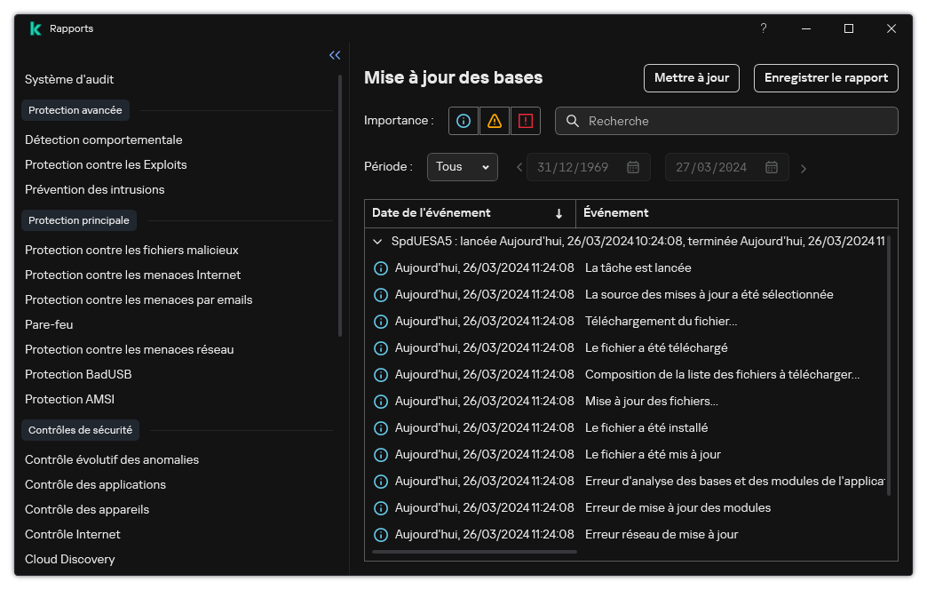 Une fenêtre avec la liste des événements dans le rapport. L'utilisateur peut filtrer/trier les événements et enregistrer les rapports dans un fichier.