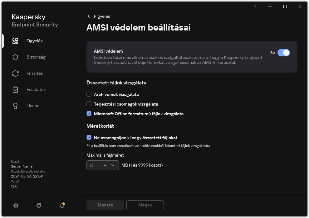 AMSI védelem beállításai ablak.