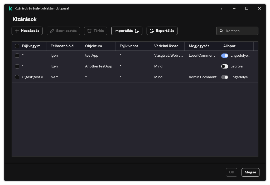 Egy ablak a kizárások listájával. Megjelennek a kizárási tulajdonságok. A felhasználó hozzáadhat, szerkeszthet vagy törölhet kizárásokat.
