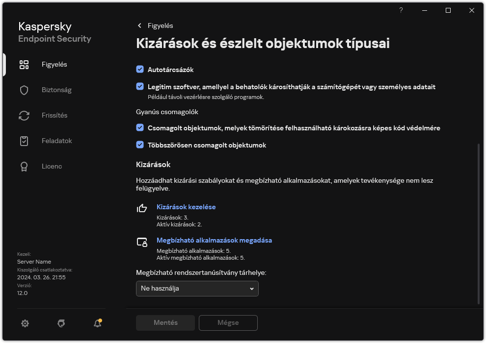 Kizárási beállítások ablak. A felhasználó kizárásokat és megbízható alkalmazásokat adhat hozzá.