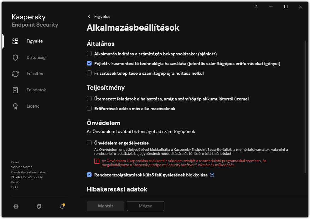 Alkalmazásbeállítások ablak. A felhasználó konfigurálhatja a teljesítményt, az önvédelmet és az egyéb beállításokat.