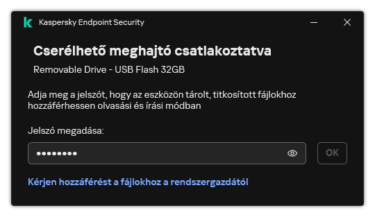 Az ablak egy jelszóbeviteli mezőt tartalmaz. A felhasználó létrehozhat egy fájlhozzáférési kérést.