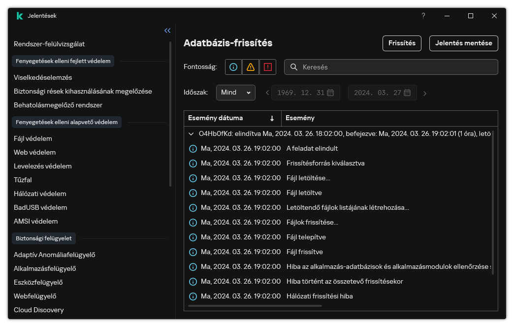Egy ablak a jelentésben szereplő események listájával. A felhasználó szűrheti/rendezheti az eseményeket, és fájlba mentheti a jelentéseket.