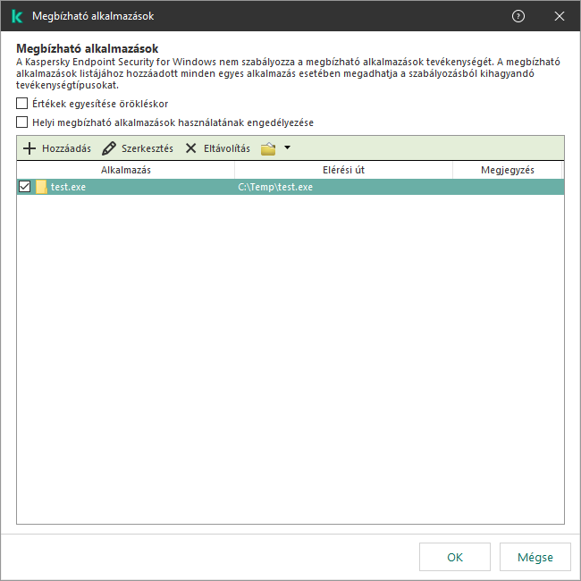 Egy ablak a megbízható alkalmazások listájával. A felhasználó hozzáadhat, szerkeszthet vagy eltávolíthat megbízható alkalmazásokat.