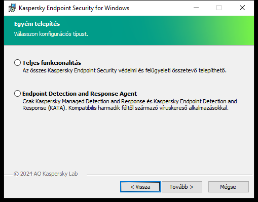 Telepítőablak az alkalmazás konfigurációjával: teljes funkcionalitás vagy Endpoint Detection and Response Agent.