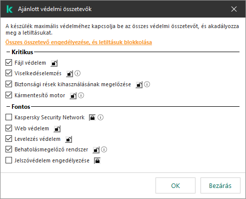 Ablak az ajánlott védelmi összetevők engedélyezéséhez. Minden védelmi összetevőt engedélyezhet, és megakadályozhatja azok letiltását.
