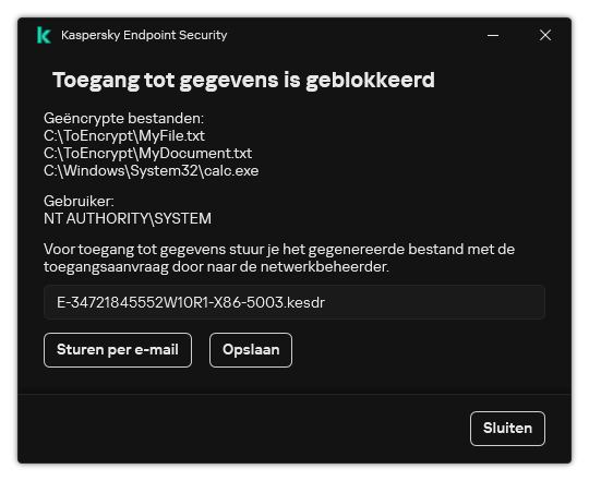 Een venster met een verzoekbestand om toegang te krijgen tot gecodeerde gegevens. De gebruiker kan het gegenereerde bestand opslaan op schijf of per e-mail verzenden.