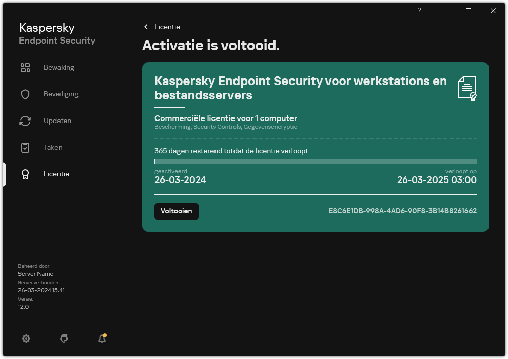 Het venster bevat informatie over de licentie: vervaldatum, beschikbare functies en andere informatie.