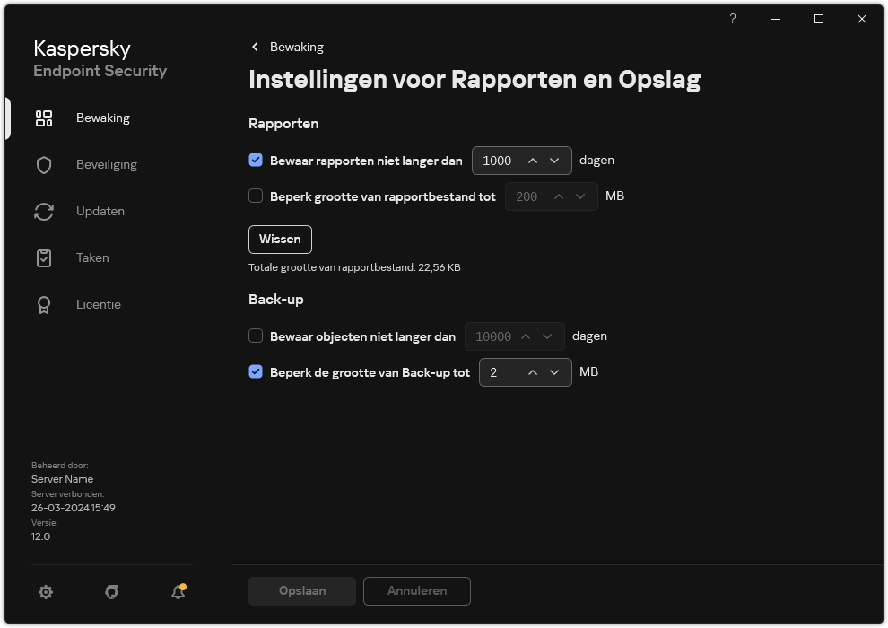 Venster Rapporten en opslaginstellingen. De gebruiker kan de grootte instellen en de opslagtijd beperken van rapporten en objecten in de opslagplaats.