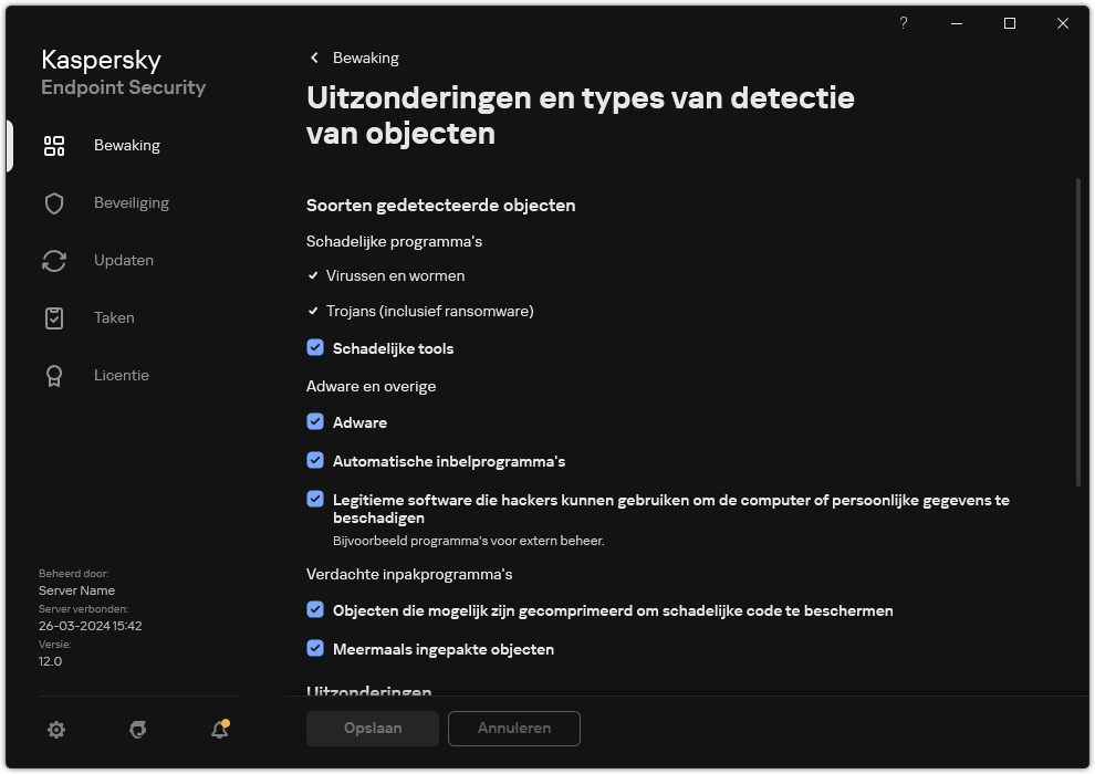 Venster instellingen voor uitzonderingen. De gebruiker kan soorten detecteerbare objecten selecteren en objecten toevoegen aan uitzonderingen.