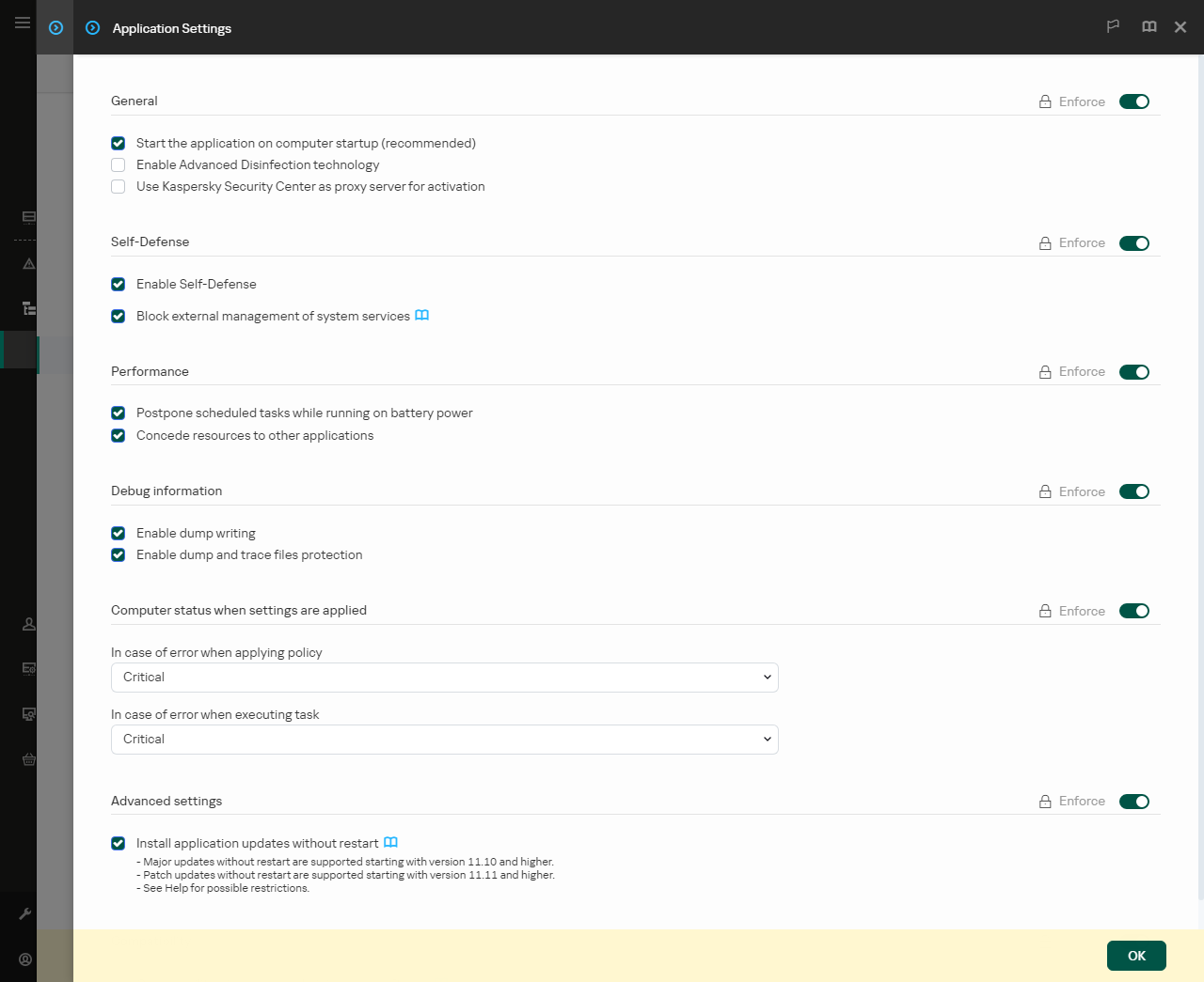 Venster programma-instellingen. De gebruiker kan prestaties, zelfverdediging en andere instellingen configureren.