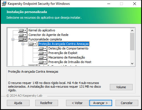 Janela do instalador com uma lista de componentes que podem ser selecionados pelo usuário.