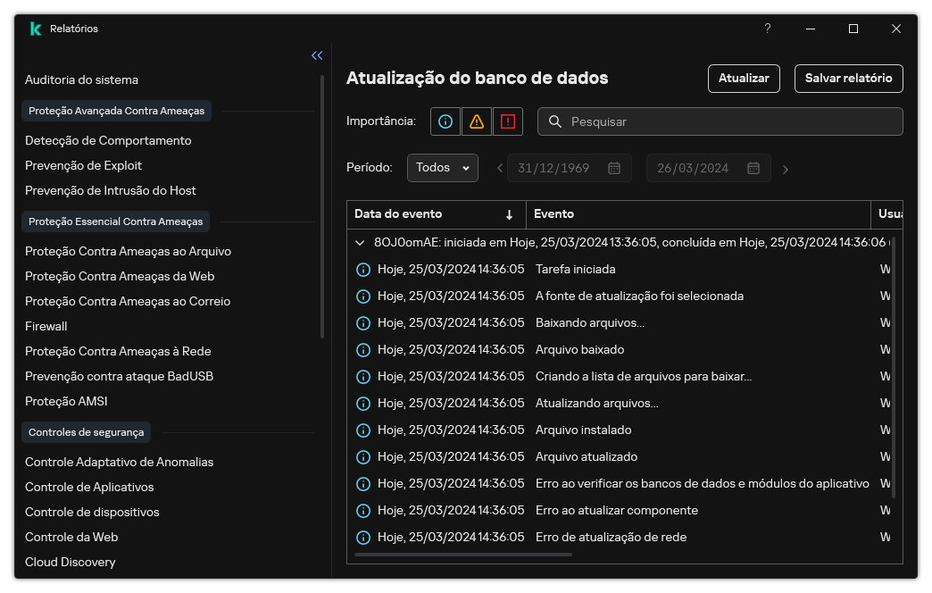 Uma janela com a lista de eventos no relatório. O usuário pode filtrar/classificar os eventos e salvar os relatórios em um arquivo.