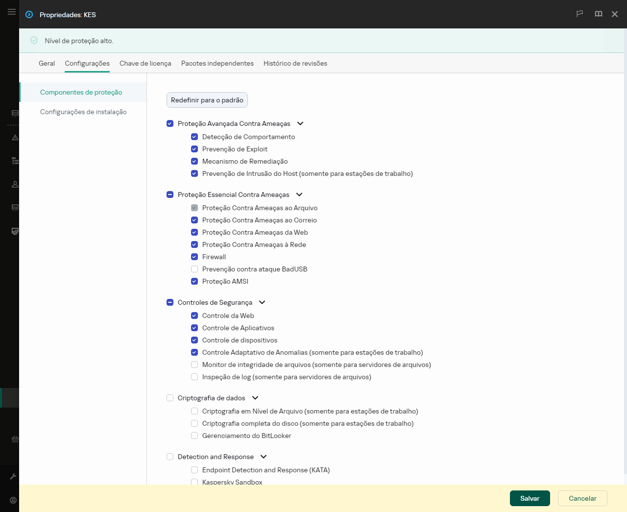 Janela de propriedades do pacote de instalação. É possível selecionar quais componentes do aplicativo deseja incluir.