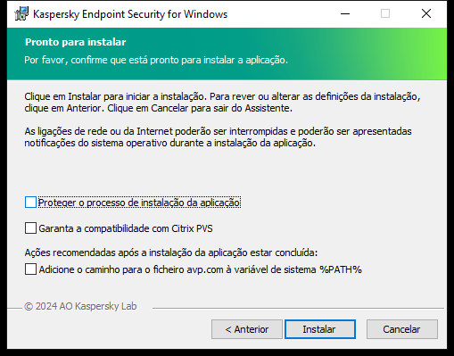 Janela de definições de instalação: proteção de instalação, compatibilidade com Citrix PVS, variável de sistema para avp.com.