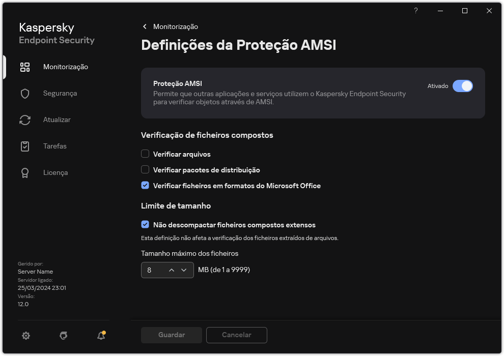Janela de definições de Proteção AMSI.