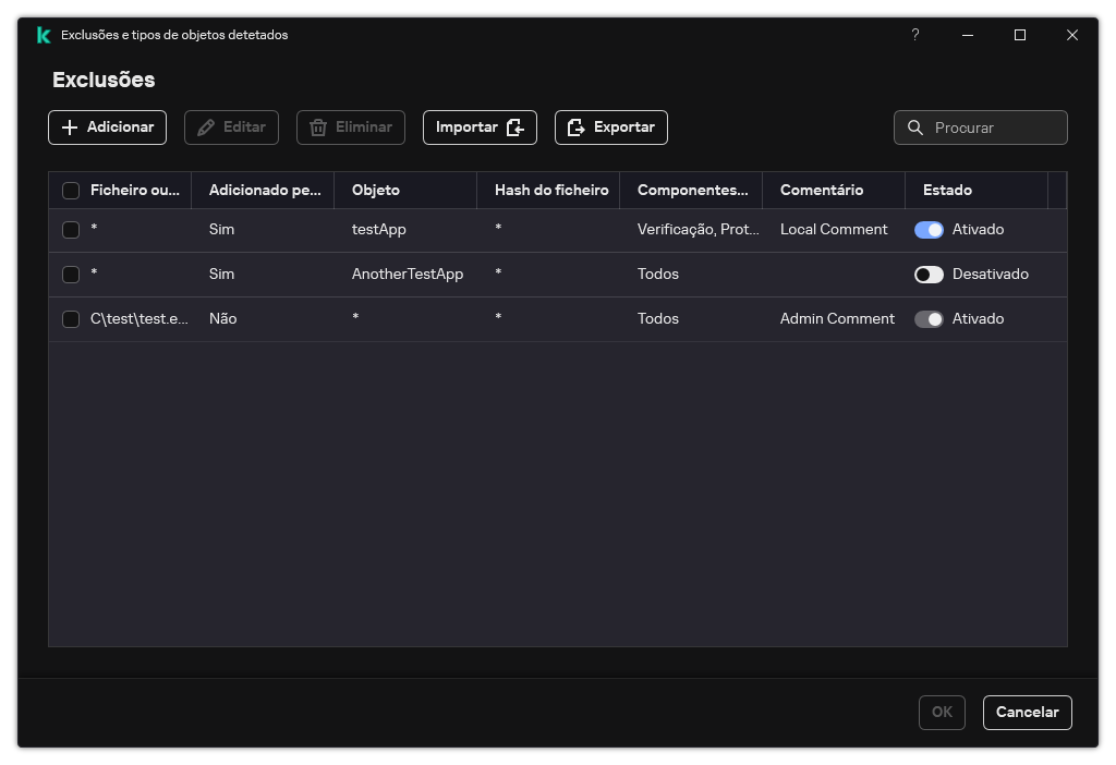 Uma janela com a lista de exclusões. As propriedades de exclusão são exibidas. O utilizador pode adicionar, editar ou eliminar exclusões.