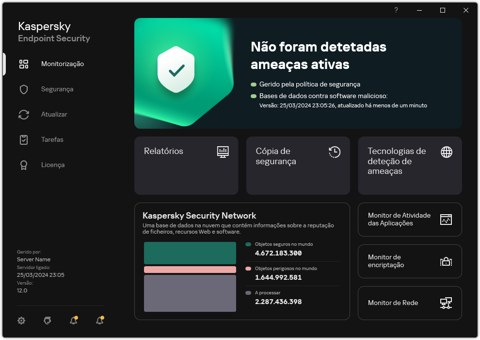A janela principal da aplicação contém secções para a monitorização de segurança do computador e controlo de aplicações.