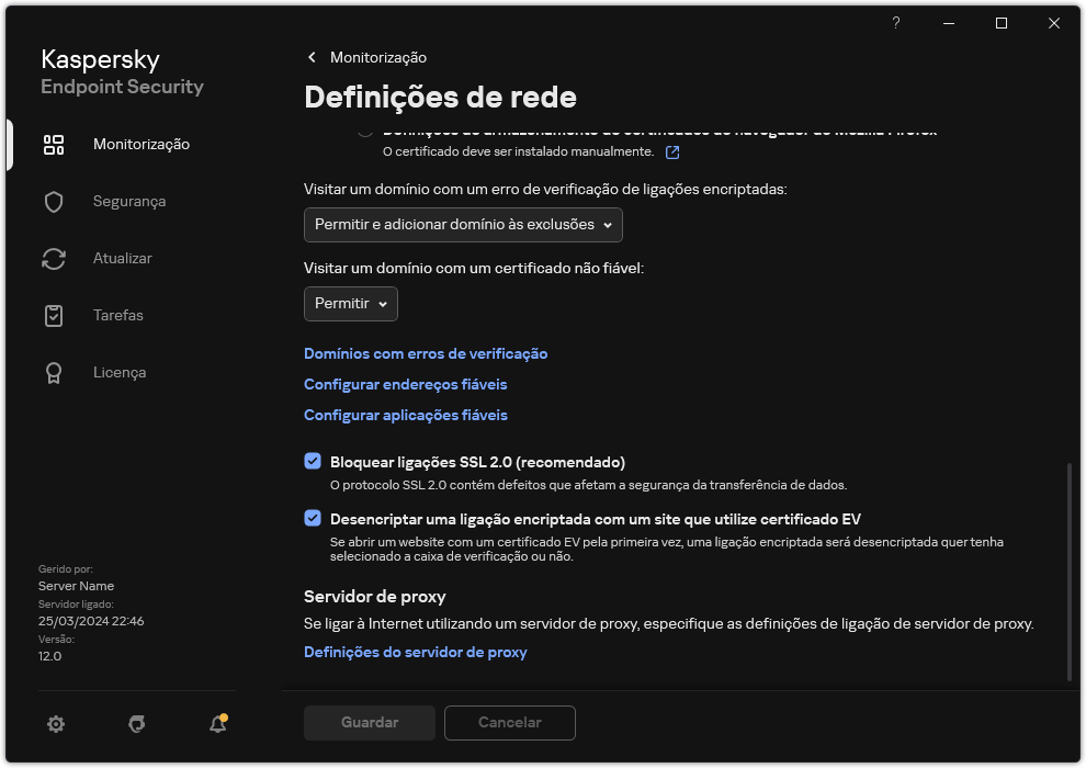 Janela de definições de rede da aplicação.
