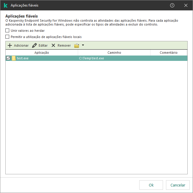 Uma janela com a lista de aplicações fiáveis. O utilizador pode adicionar, editar ou remover uma aplicação fiável.