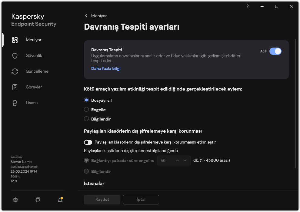 Davranış Tespiti ayarları penceresi.