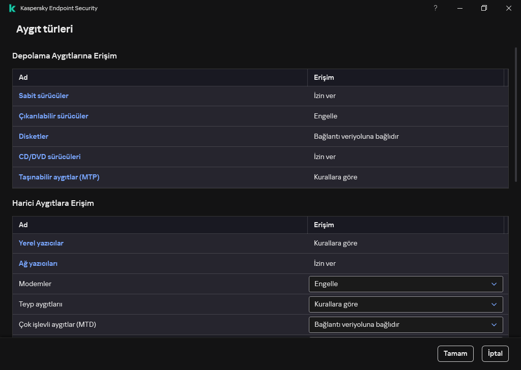 Aygıtlara erişimi yapılandırma penceresi. Kullanıcı, aygıtlarıa erişimi yapılandırabilir ve erişim planı gibi ek erişim parametrelerini ayarlayabilir.
