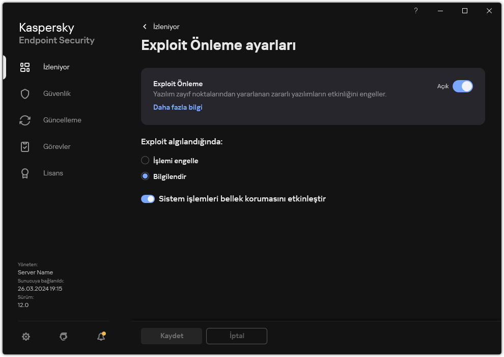 Exploit Önleme ayarları penceresi