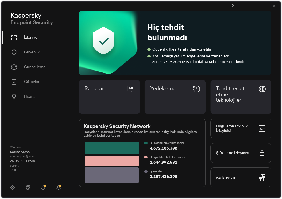 Ana uygulama penceresi, bilgisayar güvenliği izleme ve uygulama kontrolü için bölümler içerir.