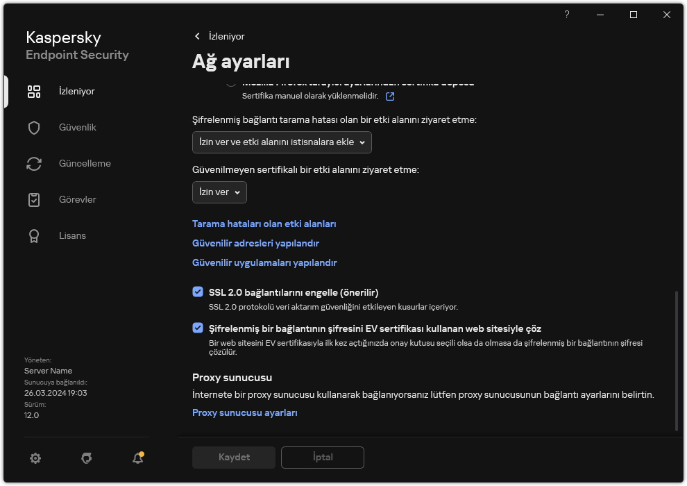 Uygulama ağ ayarları penceresi.