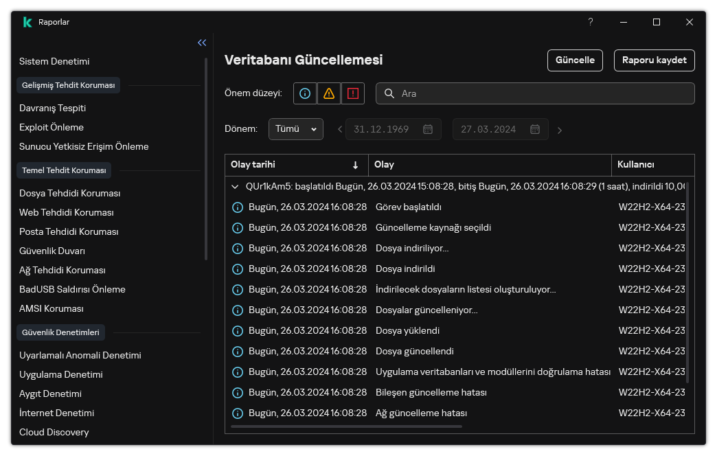Rapordaki olayların listesini içeren bir pencere. Kullanıcı olayları filtreleyebilir/sıralayabilir ve raporları bir dosyaya kaydedebilir.