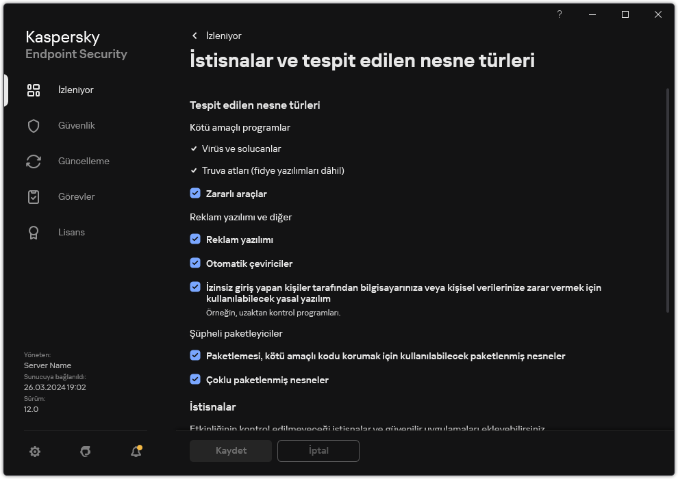 İstisna ayarları penceresi. Kullanıcı, algılanan nesne türlerini seçebilir ve nesneleri istisnalara ekleyebilir.