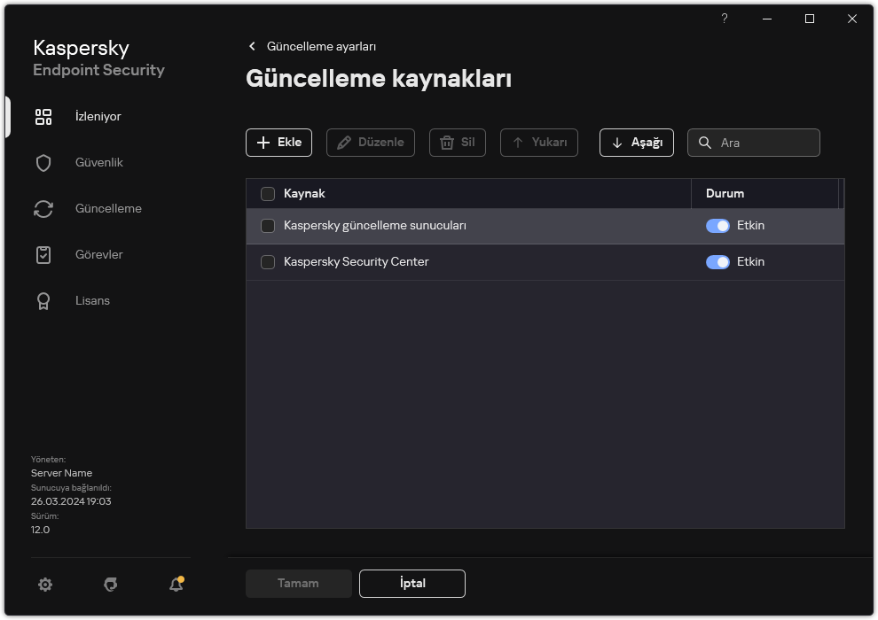 Güncelleme kaynaklarının listesini içeren bir pencere. Kullanıcı güncelleme kaynakları ekleyebilir ve kaynağa bir öncelik atayabilir.