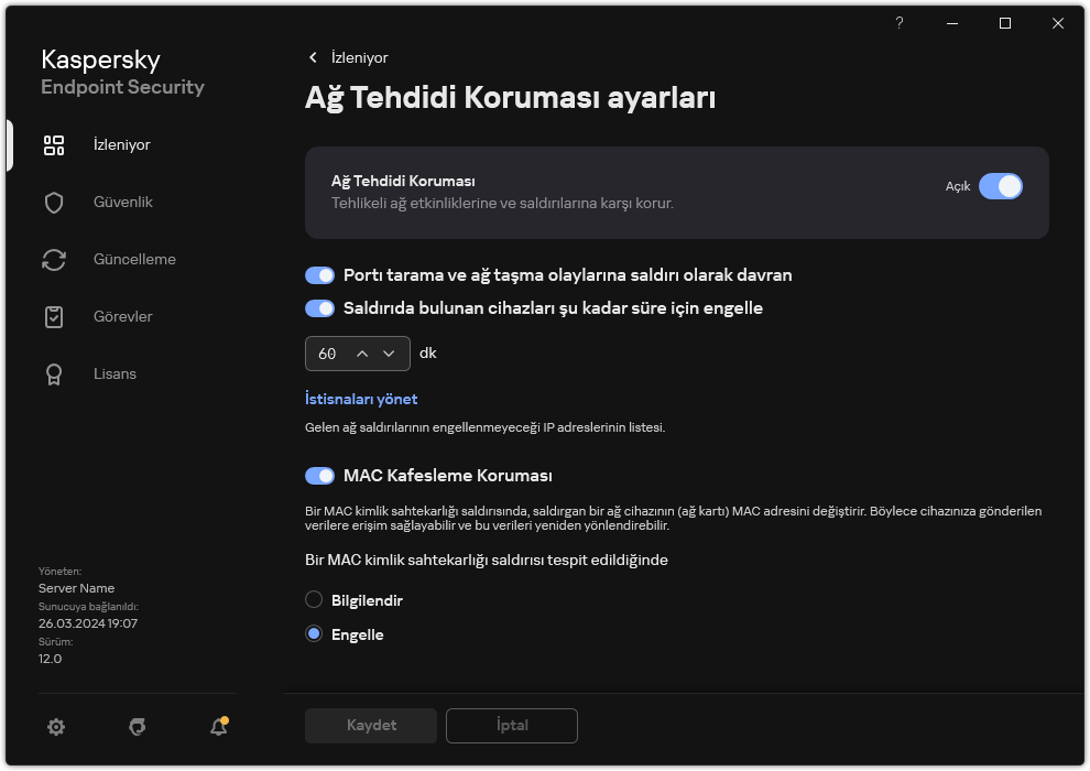 Ağ Tehdidi Koruması ayarları penceresi