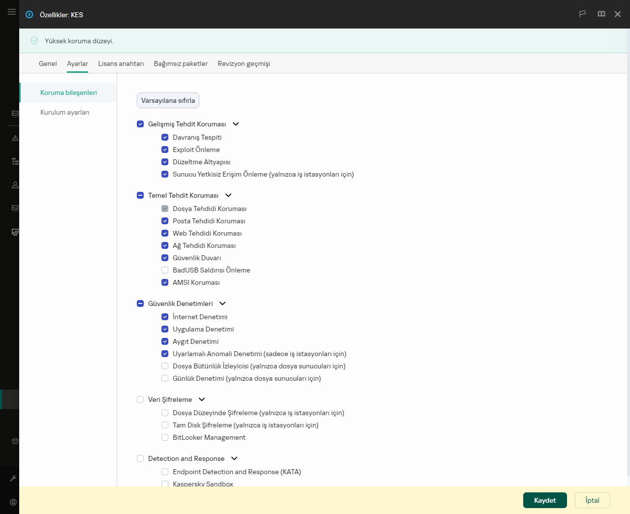 Kurulum paketi özellikleri penceresi. Hangi uygulama bileşenlerini dahil etmek istediğinizi seçebilirsiniz.