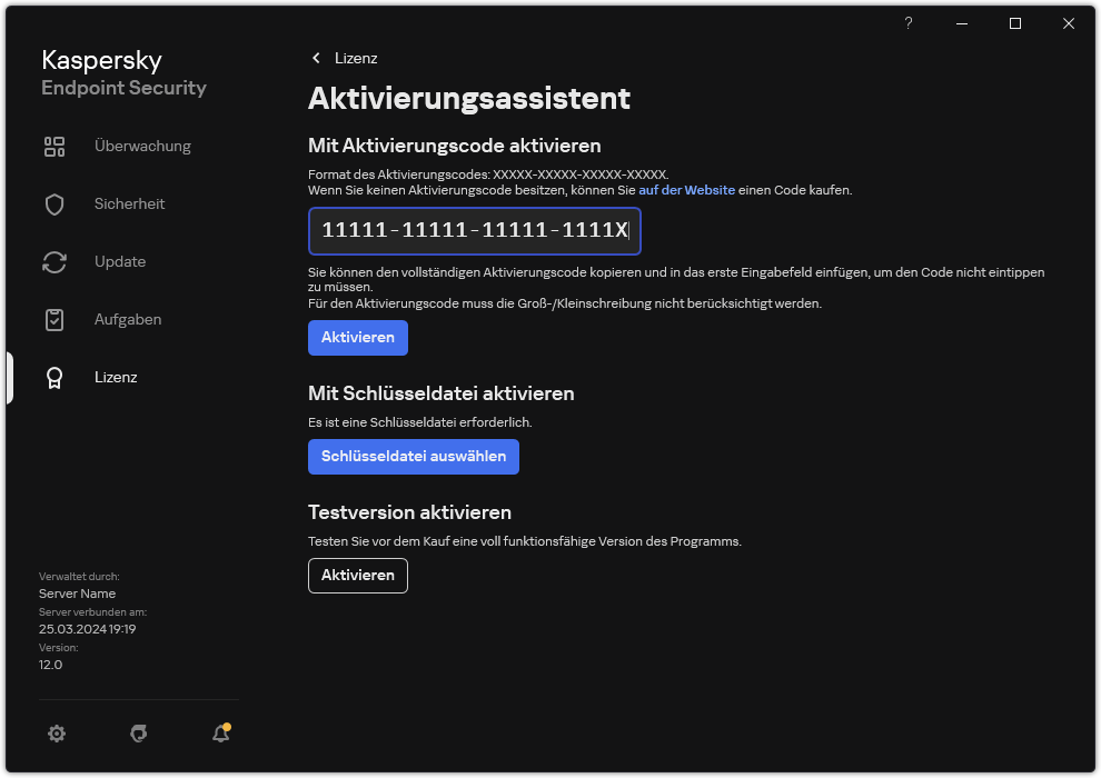 Fenster mit den Tools zur App-Aktivierung. Der Benutzer kann einen Aktivierungscode eingeben oder eine Schlüsseldatei auswählen.