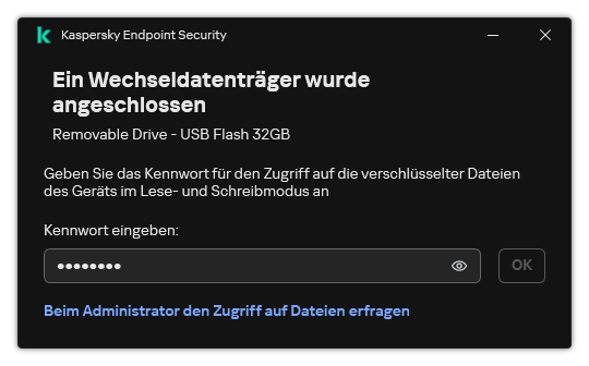 Das Fenster enthält ein Eingabefeld für das Kennwort. Der Benutzer kann eine Zugriffsanfrage-Datei erstellen.