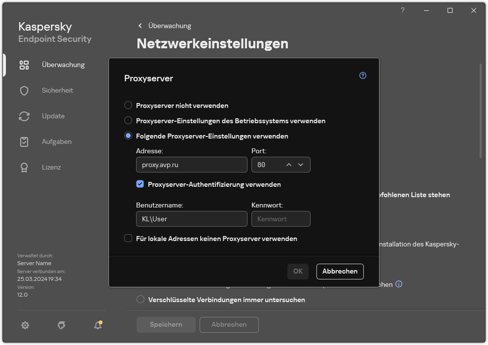Das Fenster zum Konfigurieren der Proxyserver-Verbindung. Der Benutzer kann die Adresse des Proxyservers und Anmeldedaten für die Verbindung mit dem Proxyserver festlegen.