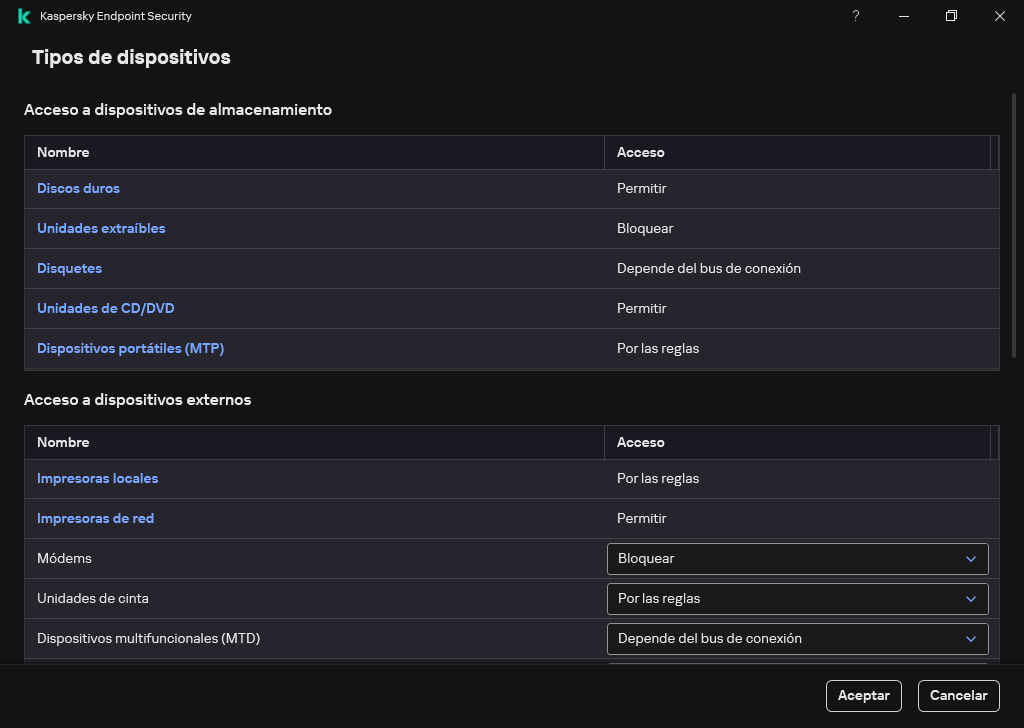 Ventana para configurar el acceso a los dispositivos. El usuario puede configurar el acceso a los dispositivos y establecer parámetros de acceso adicionales, como el horario de acceso.