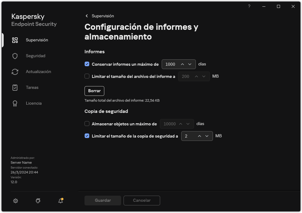 Ventana de configuración de informes y almacenamiento. El usuario puede establecer el tamaño y limitar el tiempo de almacenamiento de informes y objetos en el repositorio.