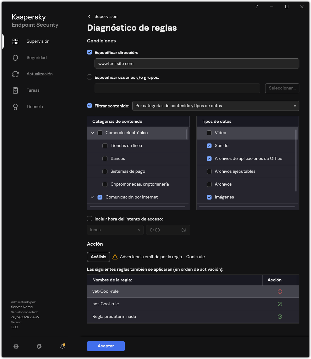 Ventana de resultados de pruebas de recursos web.
