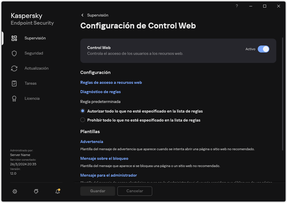 Ventana de configuración de Control Web.