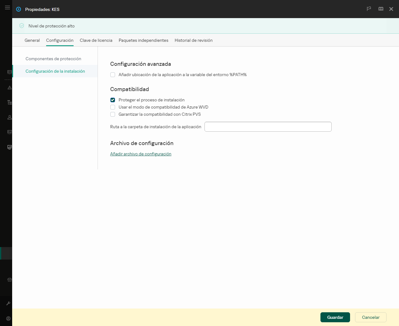 Ventana de propiedades del paquete de instalación. Puede configurar la instalación de la aplicación.