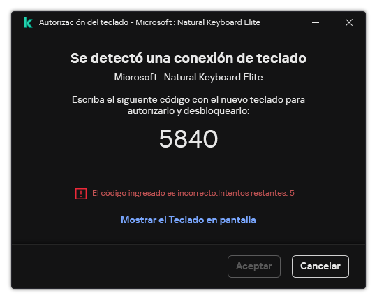 La ventana con el código de autorización del teclado. El usuario puede activar el teclado en pantalla e ingresar el código.